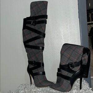 Plaid Knee-High Boots with Black Straps